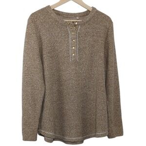 Soft Surroundings Tan Henley XL Long Sleeve Sweater Gold Buttons‎ Warm Cozy Fall